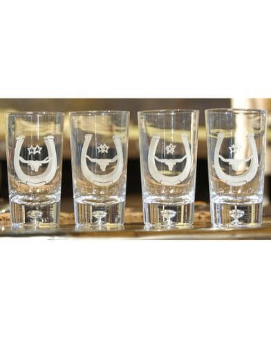 RAWHIDE LARGE GLASS TUMBLERS SET WITH HORSESHOE AND LONGHORN